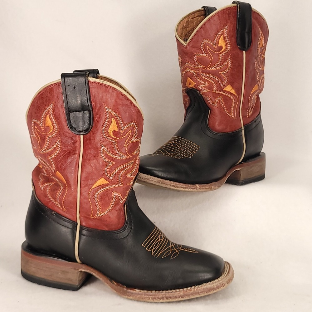 Tanner Mark Garrett Cowboy Boots Kid Youth 12 Red Black Square Toe Western